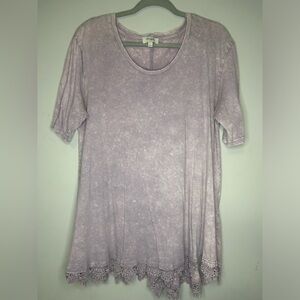 Umgee Light Purple Acid Wash Lace Trim Short Sleeve Top Size L